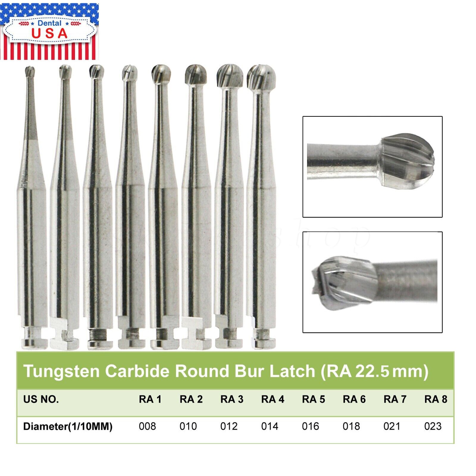 5-100 PCS DENTAL Round Carbide Bur for Slow Speed Latch RA1-8