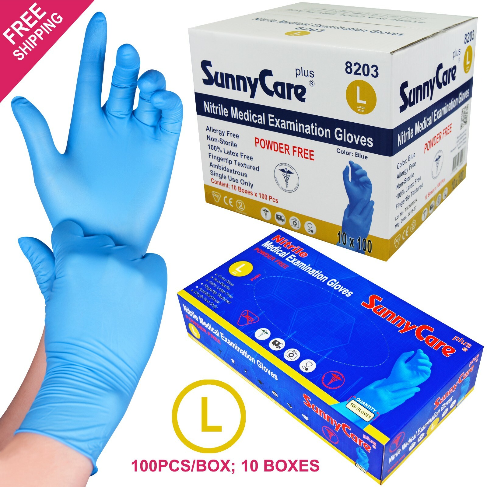 1000 SunnyCare #8203 Nitrile Exam Gloves Powder Free Chemo (Non Vinyl Latex) L