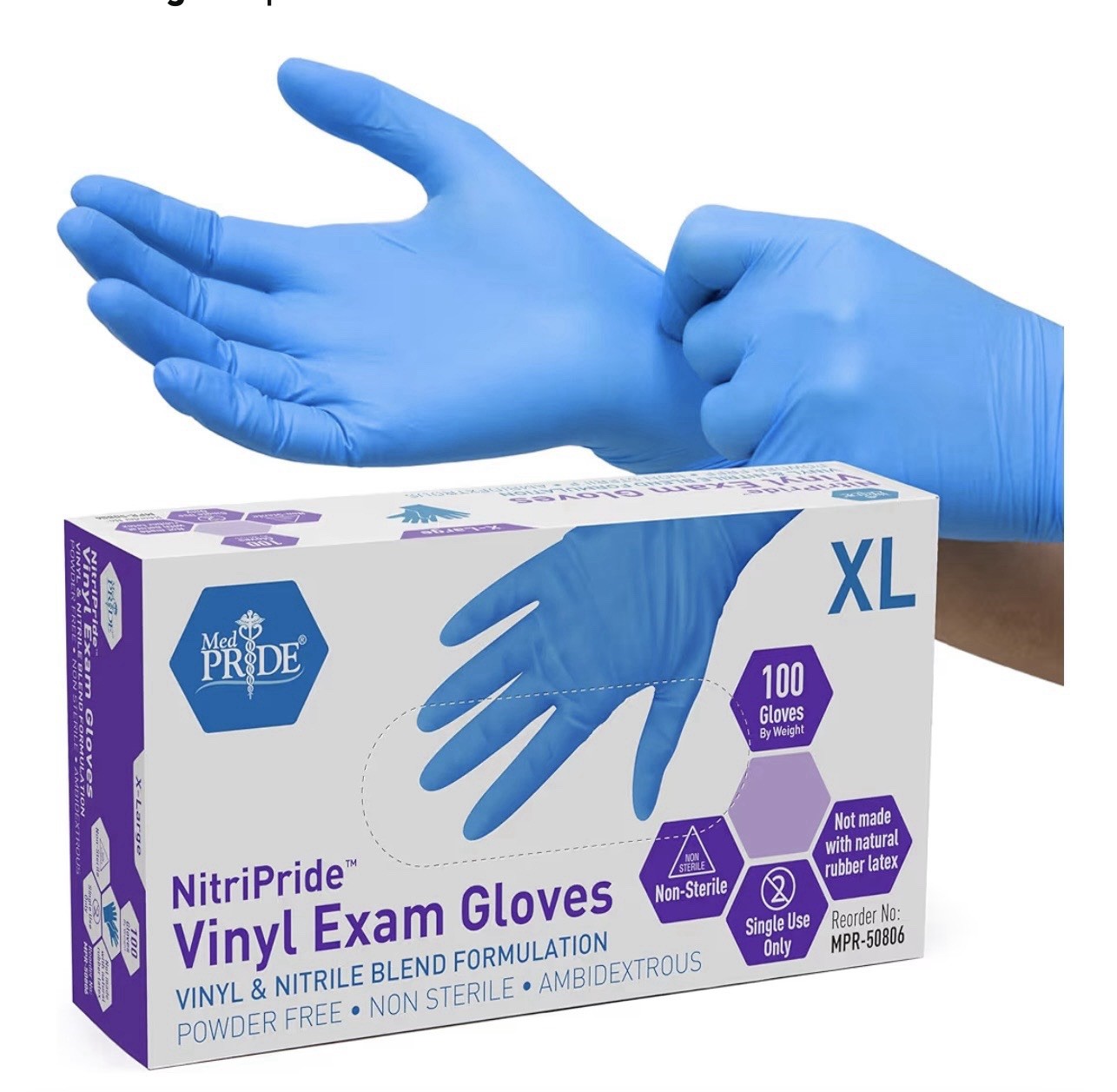 Med Pride NitriPride Nitrile-Vinyl Blend Exam Gloves, X-Large, Powder-Free(100)