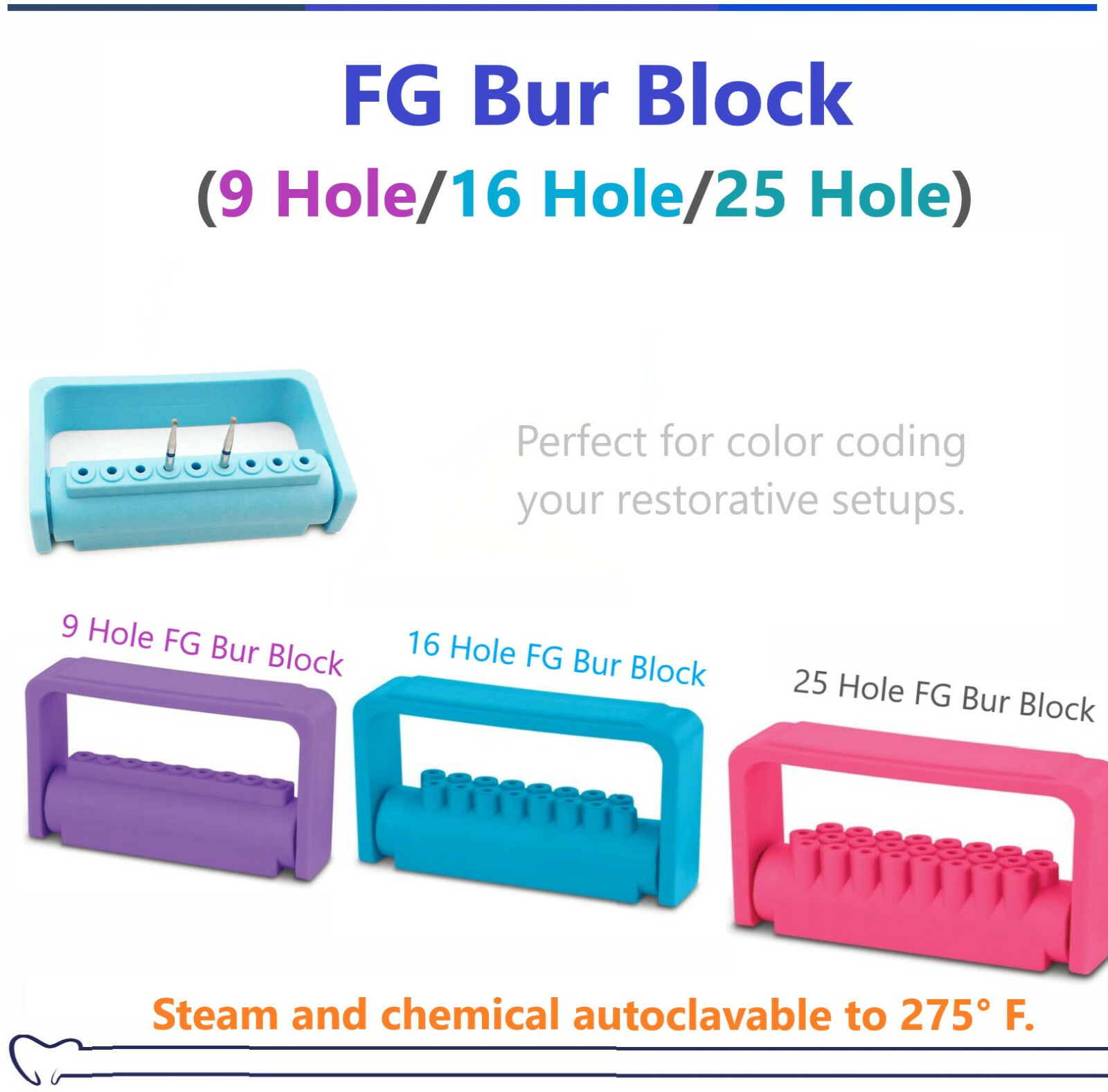 Dental 16-Hole Bur Block Sterilization Bur Guard, Fits 16 FG Burs, Autocl 275°F