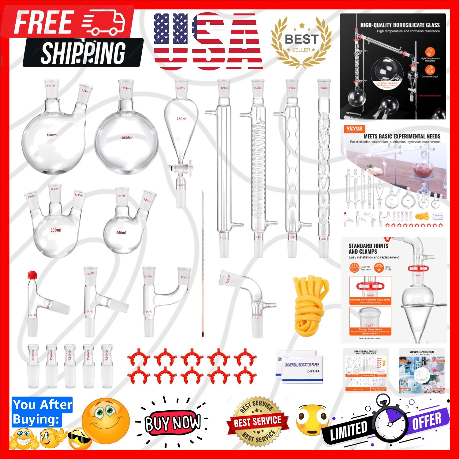 Lab Distillation Kit, 3.3 Boro Lab Glassware Distillation Kit with 24, 40 Joi…