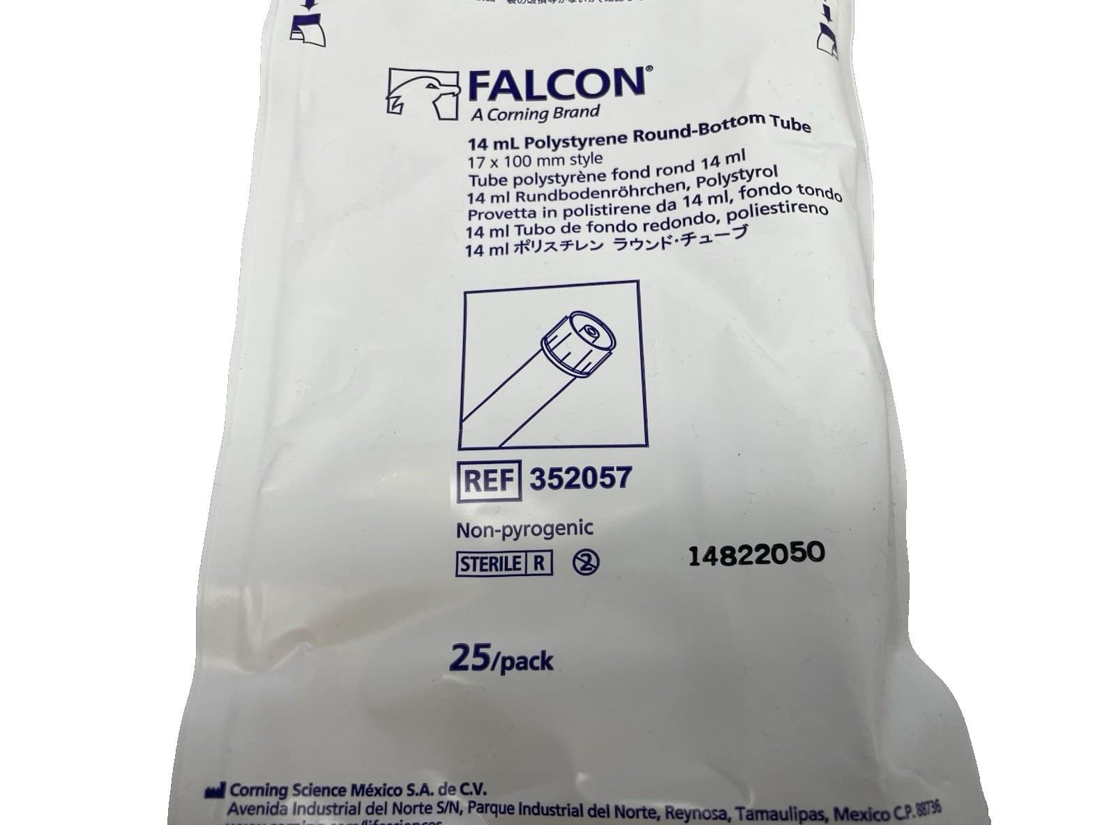 Falcon Corning Round-Bottom Tubes 14mL Certified Sterile Sealed 25/Bag 352057