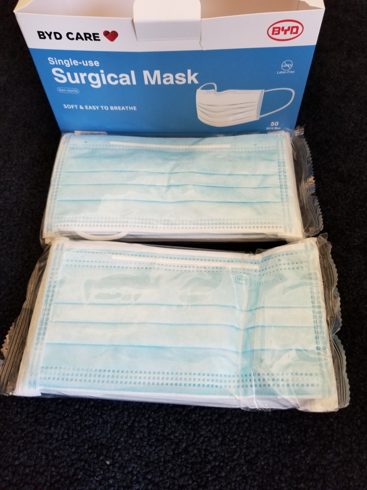 BYD CARE SURGICAL MASK, 50 COUNT inside Five sealed pack with 10 Masks/Pack
