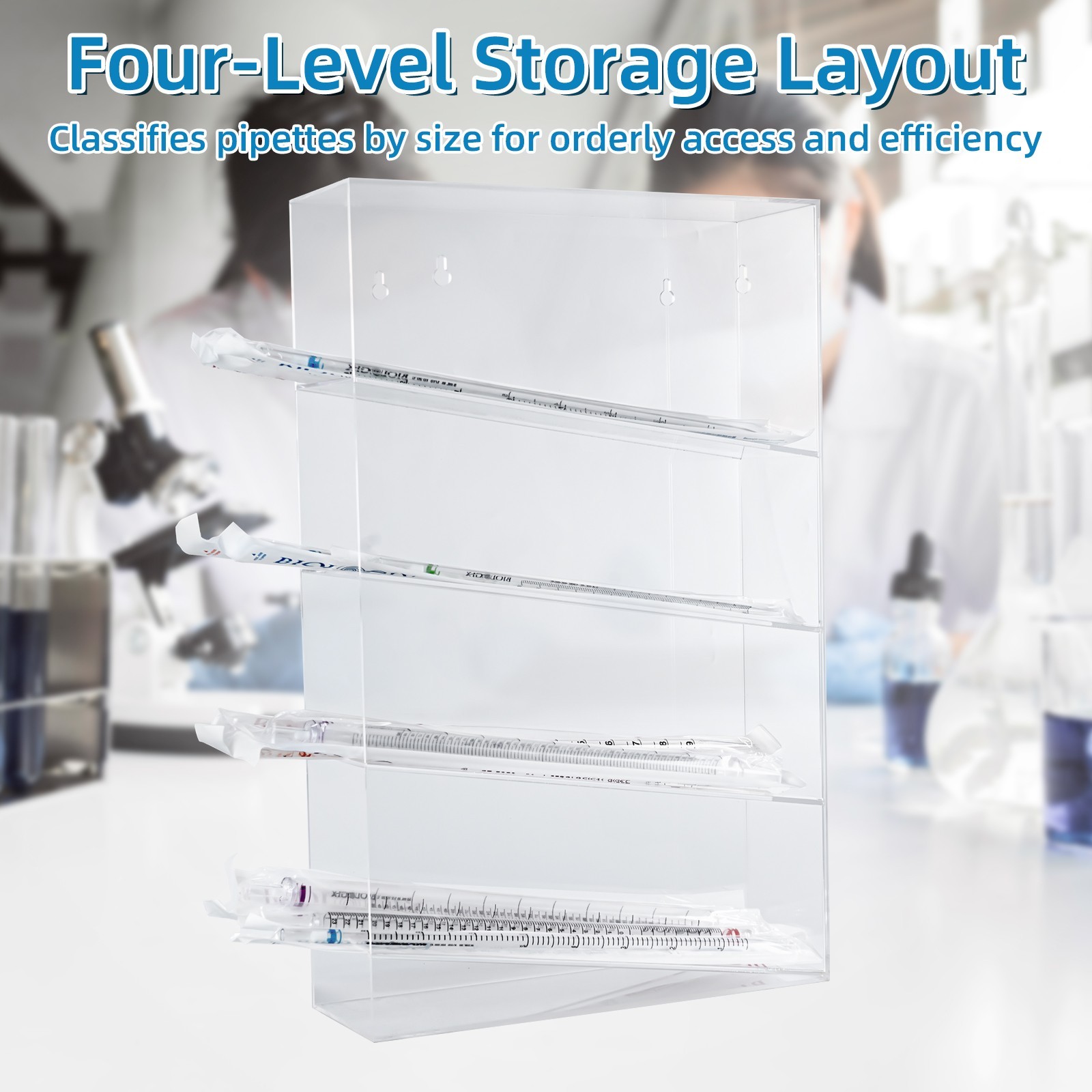 Serological Pipette Rack, 4 Compartment Lab Organizer, Acrylic, 12x4x19 Inches