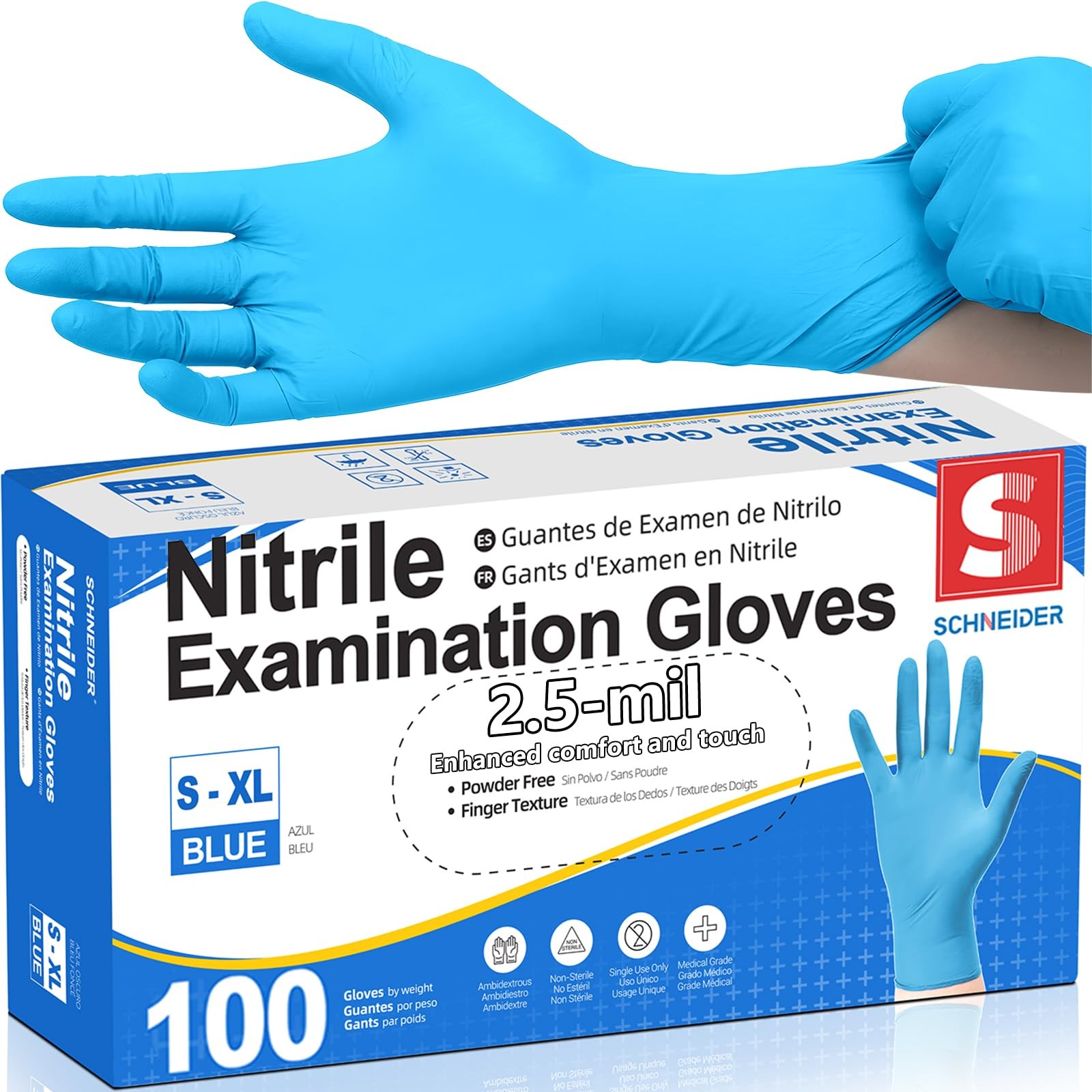 Schneider Nitrile Exam Gloves, Blue Disposable Gloves Latex Free Small,
