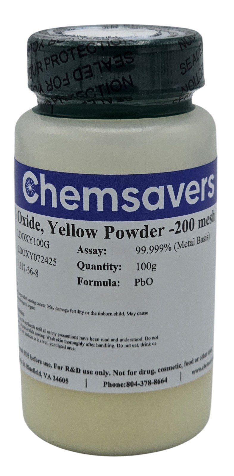 Lead(II) Oxide, Yellow Powder -200 mesh, 99.999% (Metals Basis), 100g