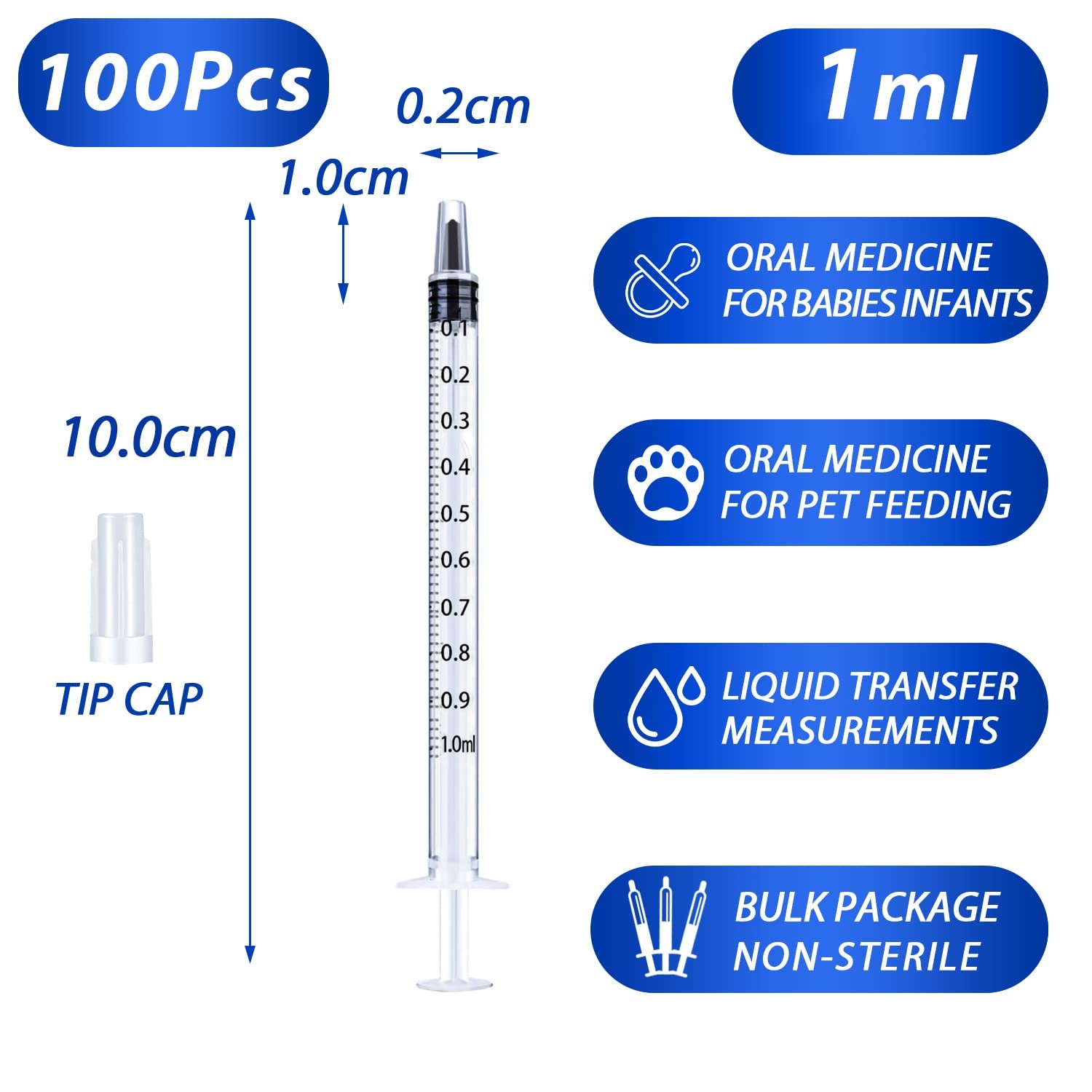 100 Pack 1ml Syringe with Cap for Liquid, 1cc Plastic Small 1 milliliters