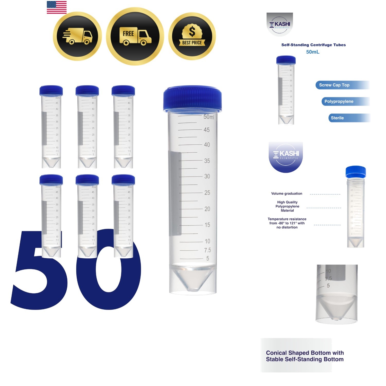 50mL Self Standing Centrifuge Tubes with Screw Cap Lid, Lab Grade Polypropyle…