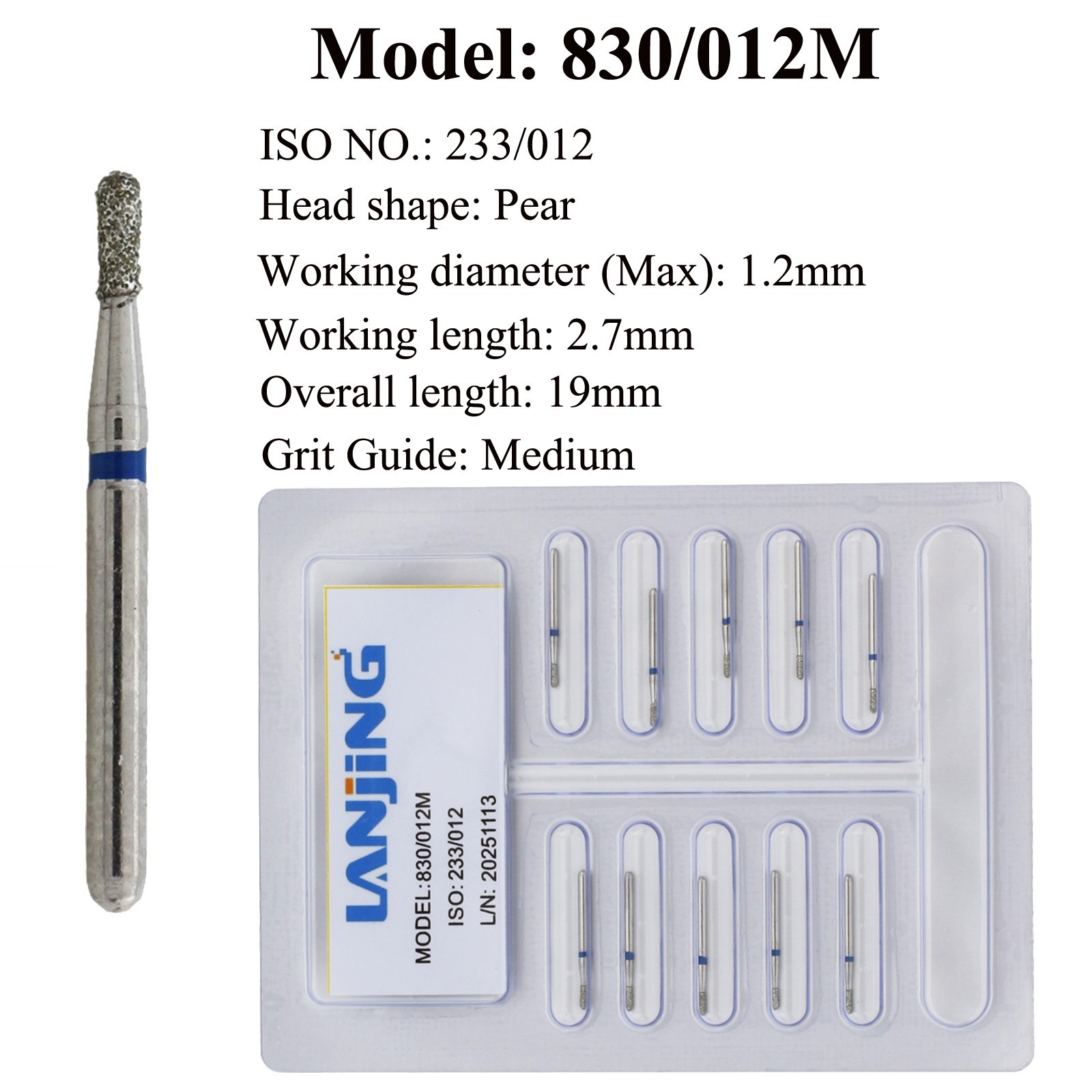 Dental Pear Diamond Bur Medium Grit 830/012M Burs FG 332 High Speed 10Pc/PK