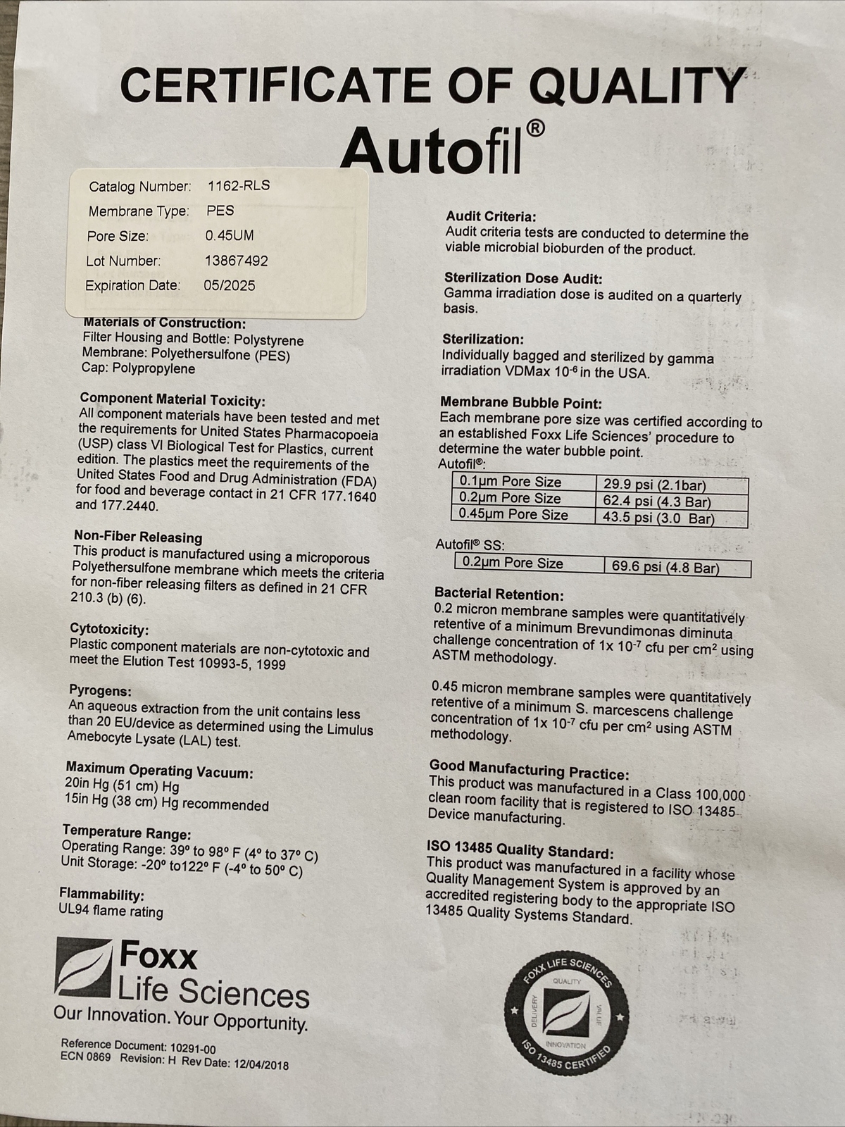 Autofil PES Bottle TOP Filtration Device Sterile, 500 mL 0.45 um Exp 12/2025