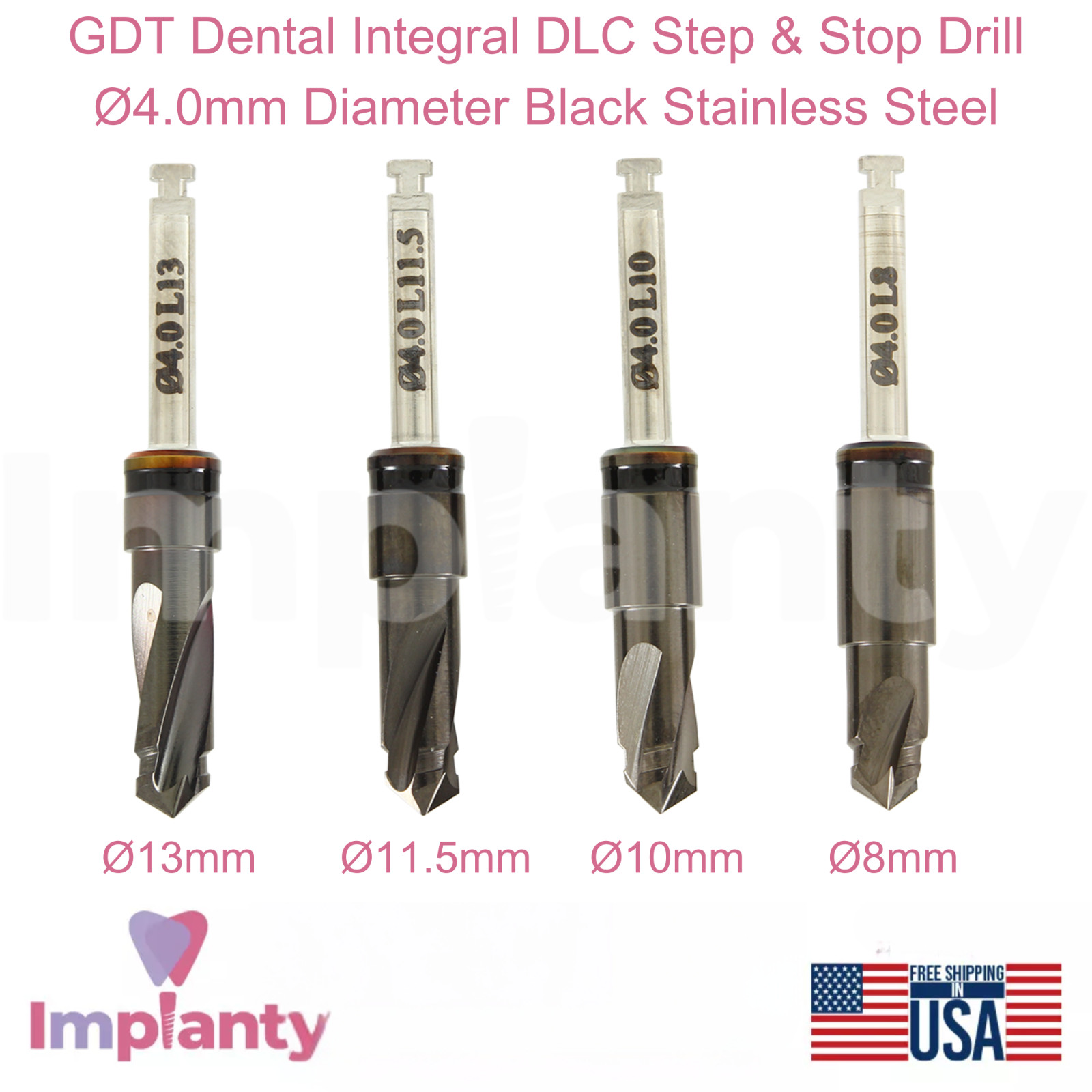 GDT Dental Integral DLC Step & Stop Drill Ø4.0mm Diameter Black Stainless Steel
