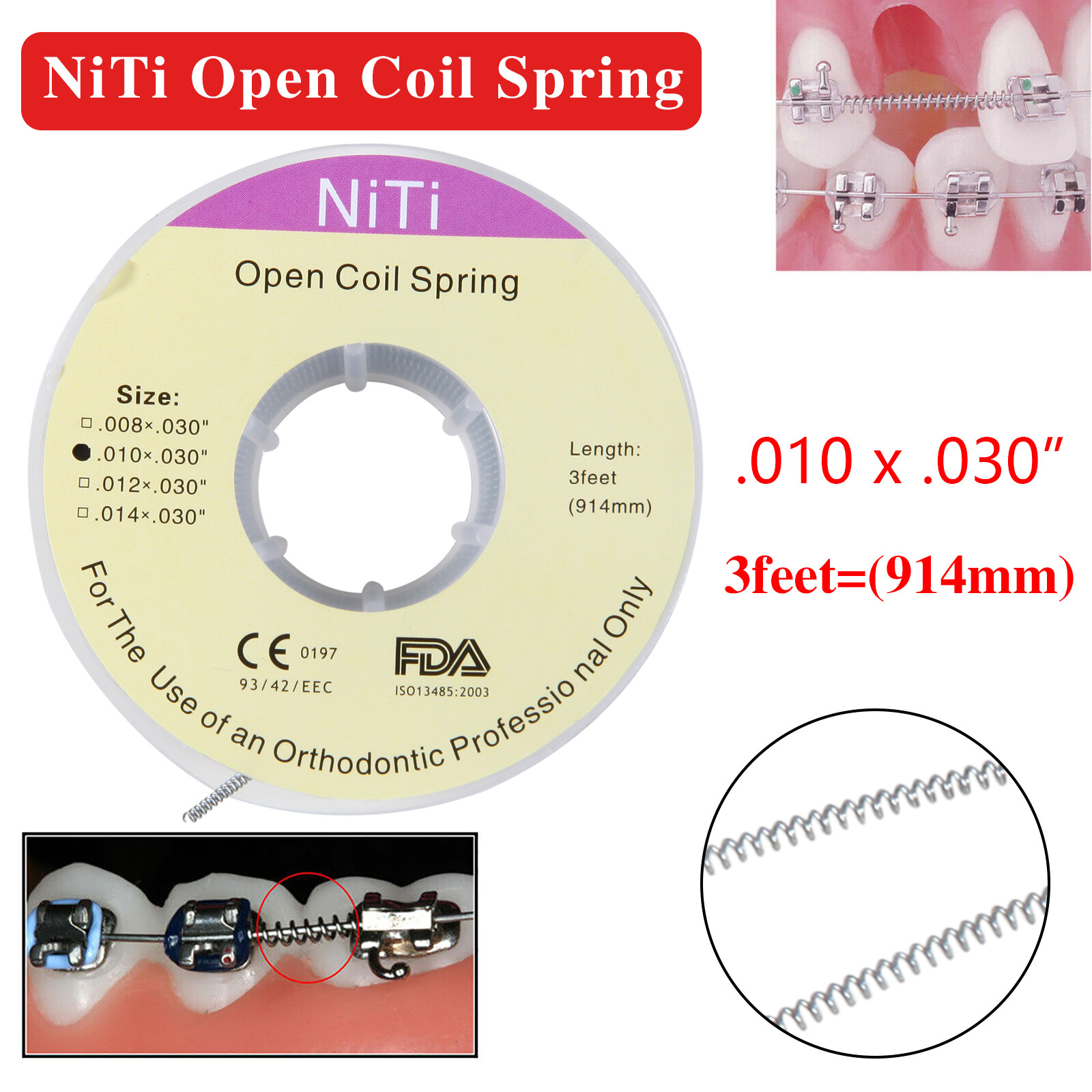 Dental Orthodontic Niti Open Coil Spring Spool .008/010/012/014 Inch 914mm
