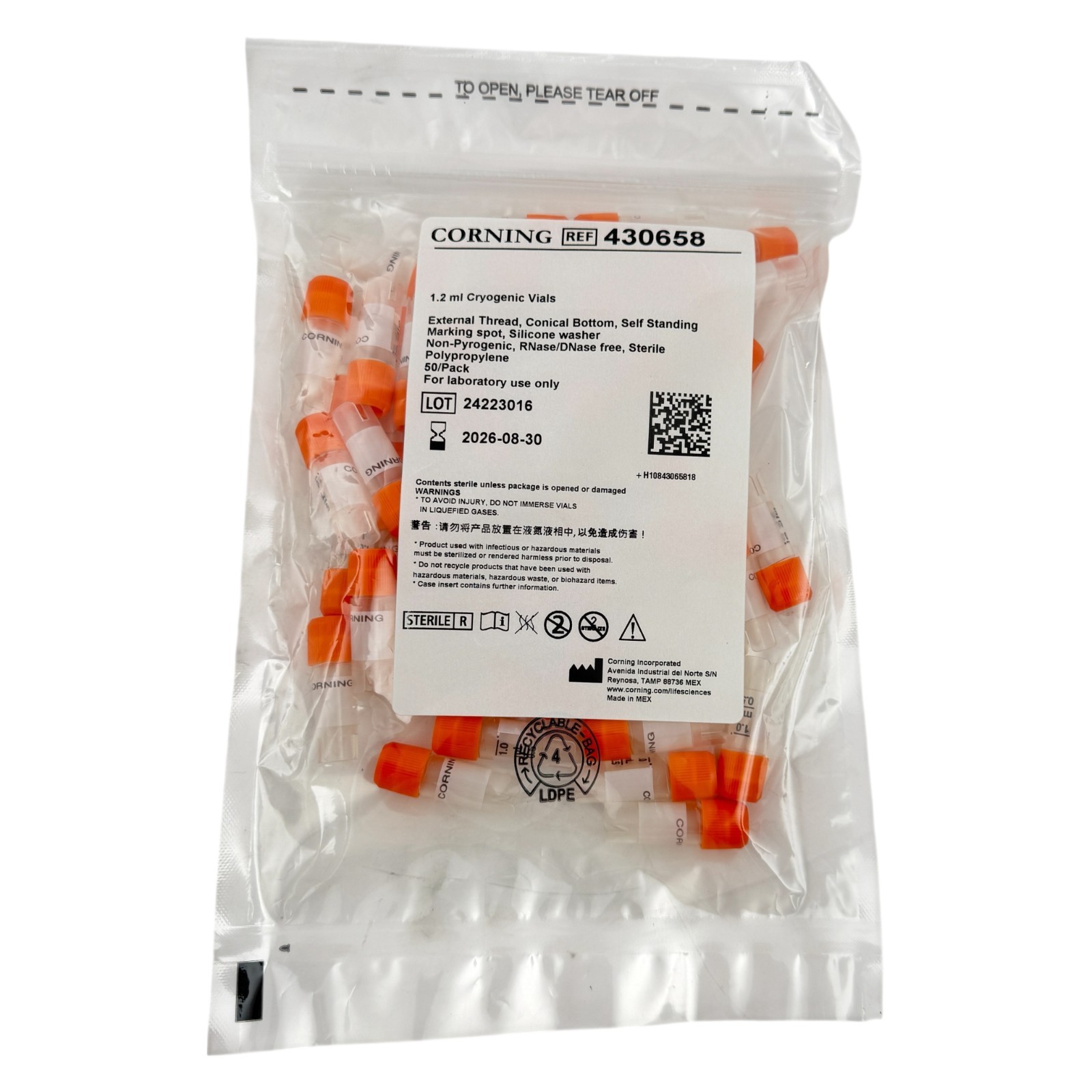 Corning 430658 1.2 ML Cryogenic Vials External Thread Conical Bottom 50 PACK