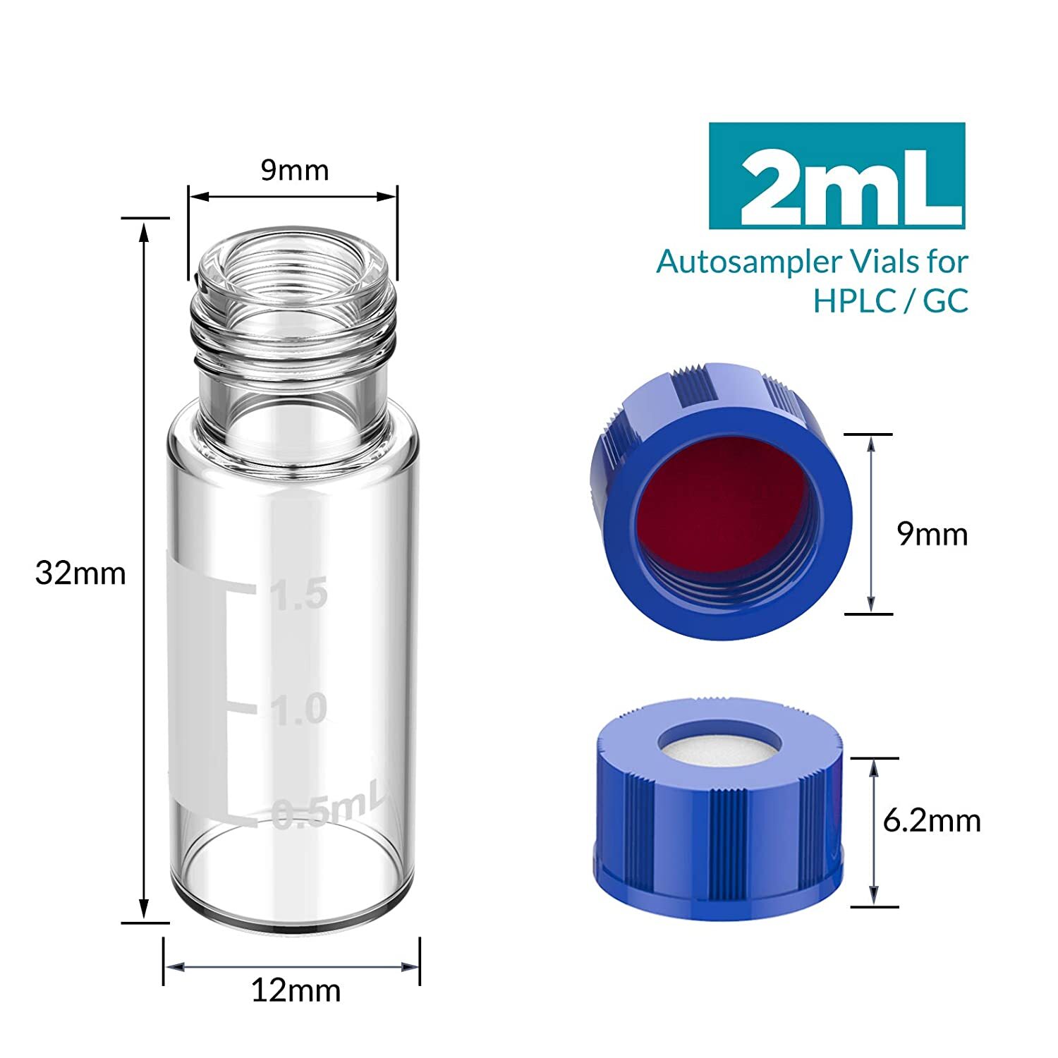 100pcs/pack (Vials+Caps) 2ml 9-425 Lab Supply Glass Bottle Vials w/ Screw Caps