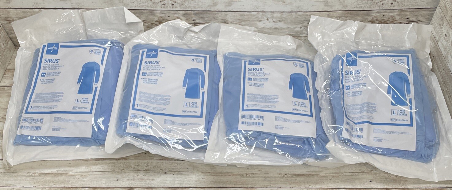 Lot- 4 Medline SIRUS Surgical Gown Level 4 Size: LARGE Poly-Reinforced DYNJP2601