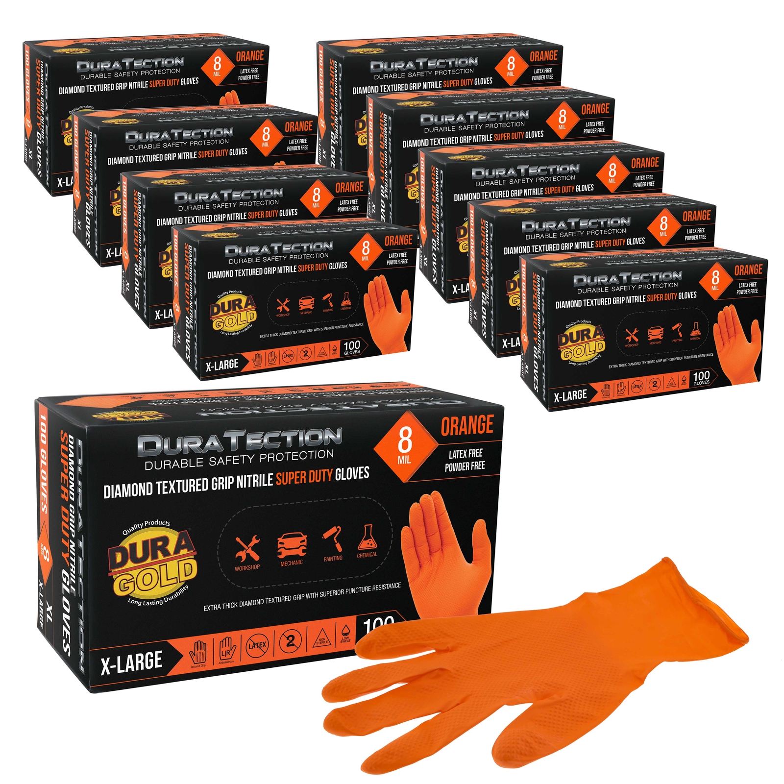Duratection 8Mil Super Duty Diamond Textured Nitrile X-Large Gloves, 1000 Gloves