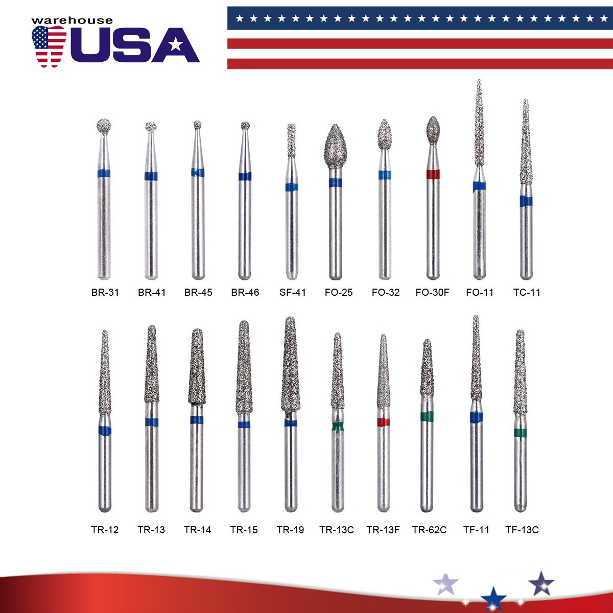AZDENT 100Pcs Dental Diamond Burs for High Speed Handpiece Medium FG 1.6MM