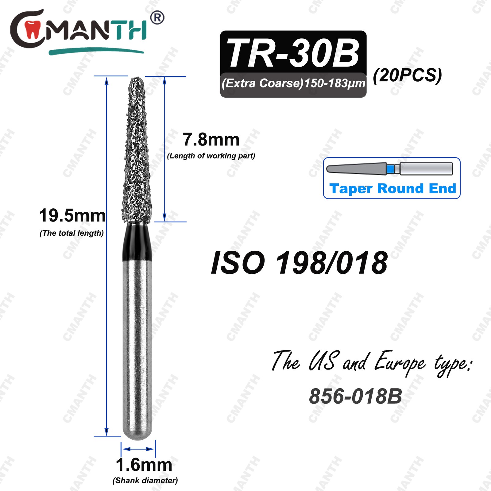 TR Type Dental Diamond Burs Fit High Speed Handpiece 1.6mm Drills 20pcs