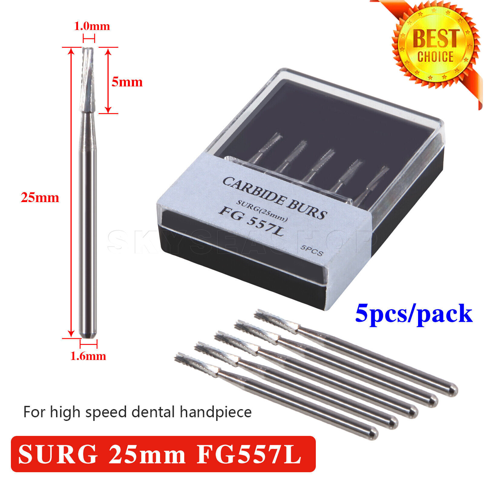 5PCS Carbide Surgical Burs FG 557L SURG 25mm Bur for High Speed Dental Handpiece
