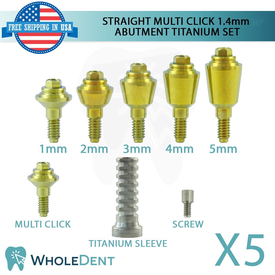5x Straight Multi Unit 1.4mm Abutment Titanium Sets Including Fixation Screw