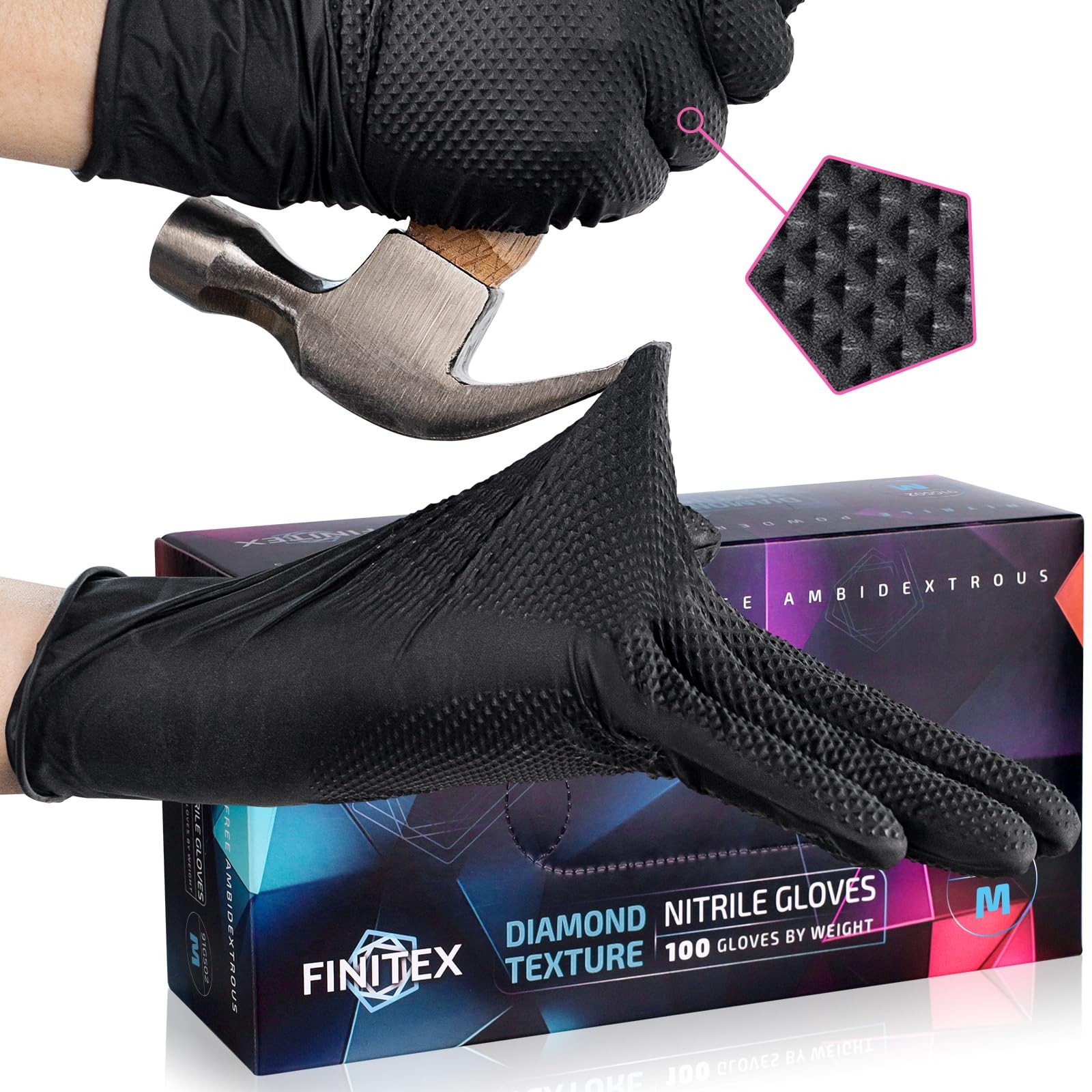 FINITEX Industrial Diamond Texture Nitrile Black Glove – 100/1000PCS Chemical…