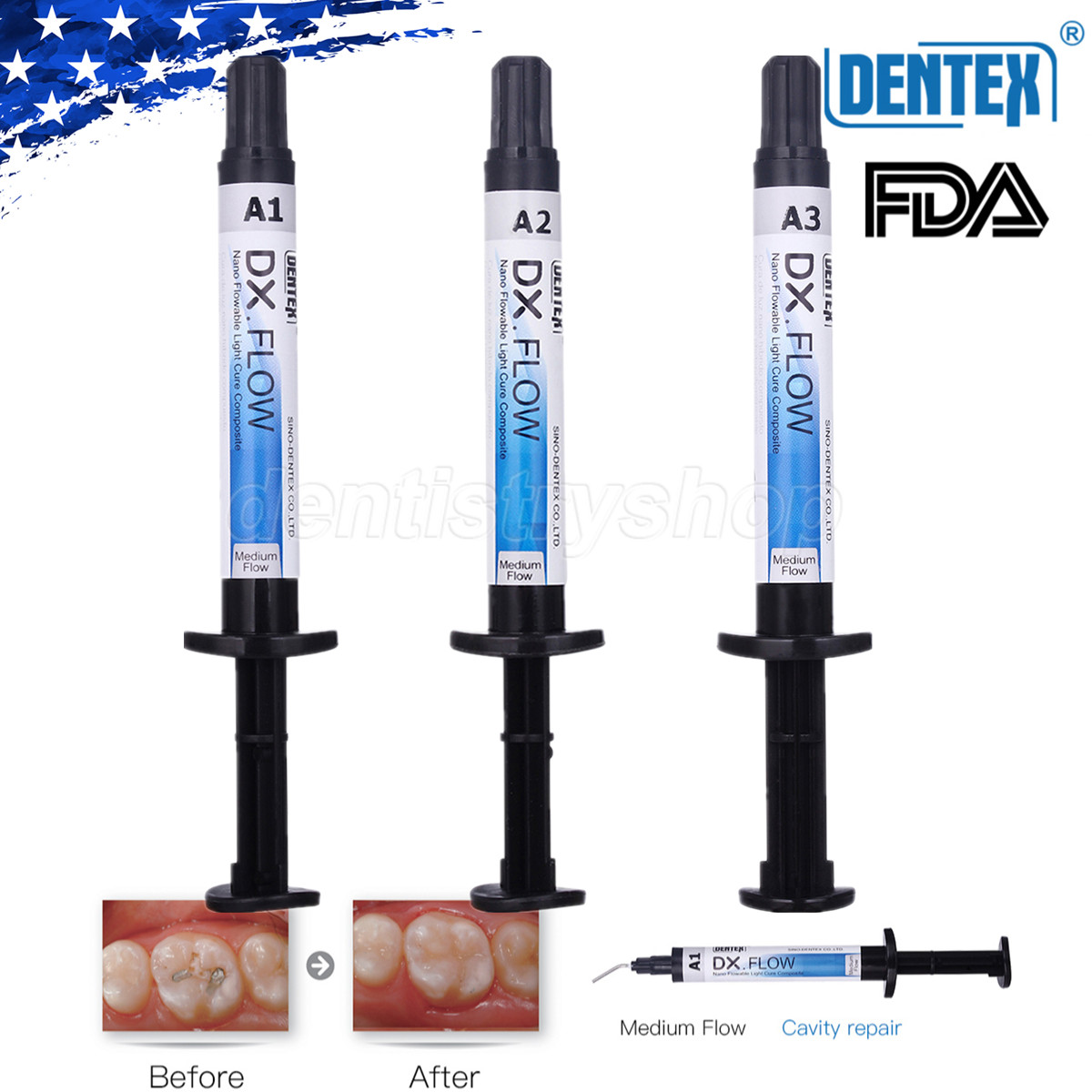 DX.FLOW Dental Flowable Light Cure Composite Resin Medium Flow A1/A2/A3 3g