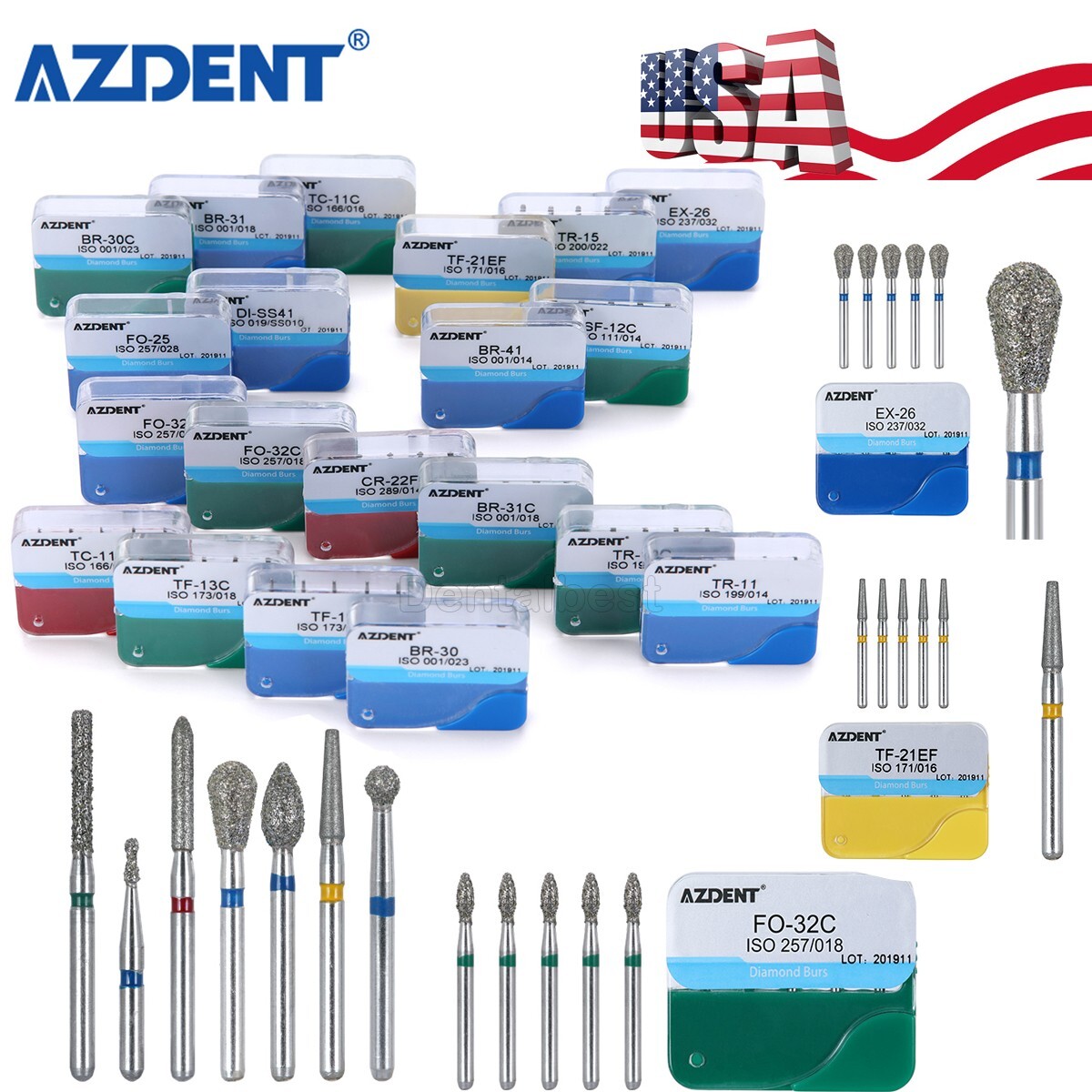100PCS Dental Diamond Burs for High Speed Handpiece Medium FG 1.6mm AZDENT USA