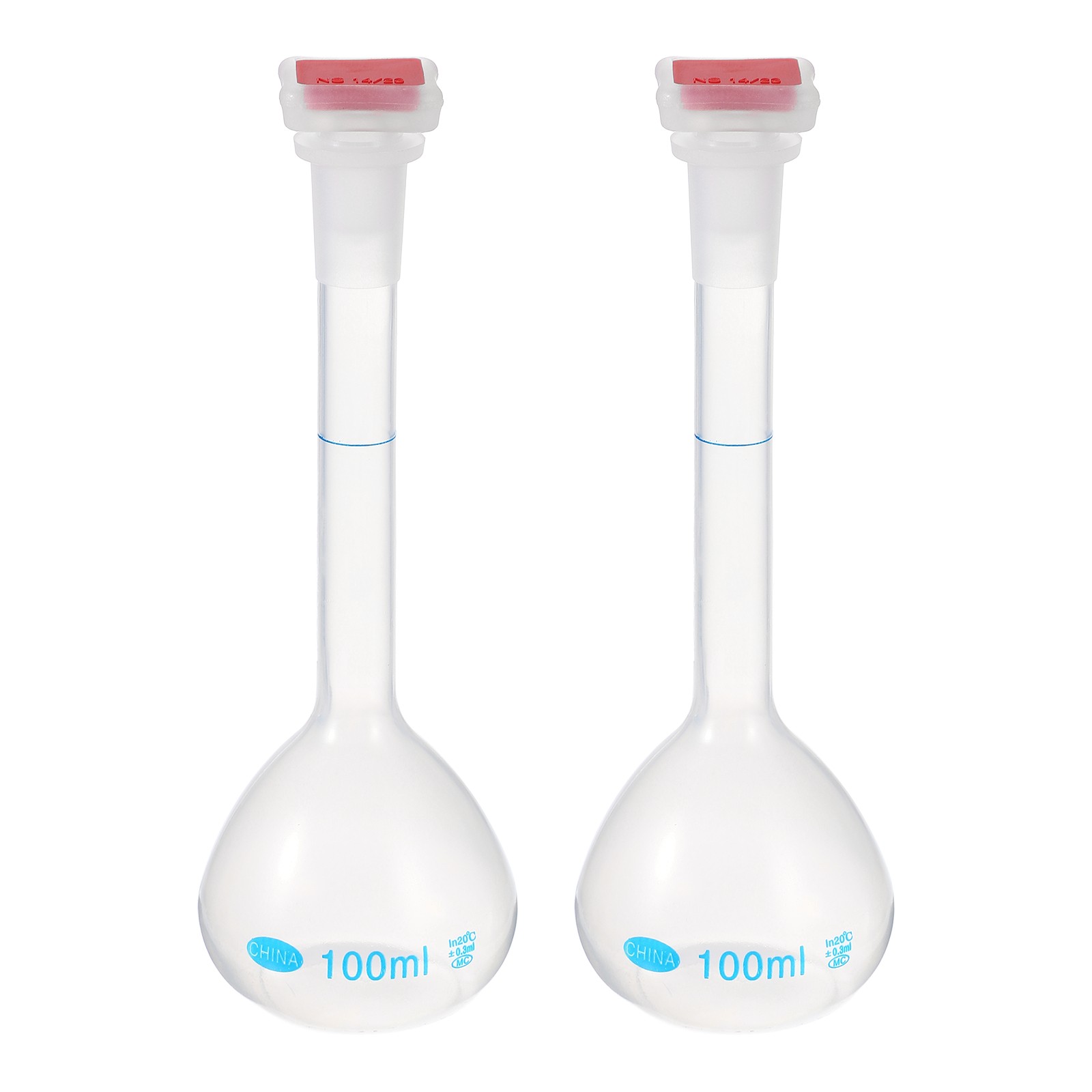 2Pcs 100ml Polypropylene Graduated Volumetric Flask with Red Cap Tolerance 0.3ml