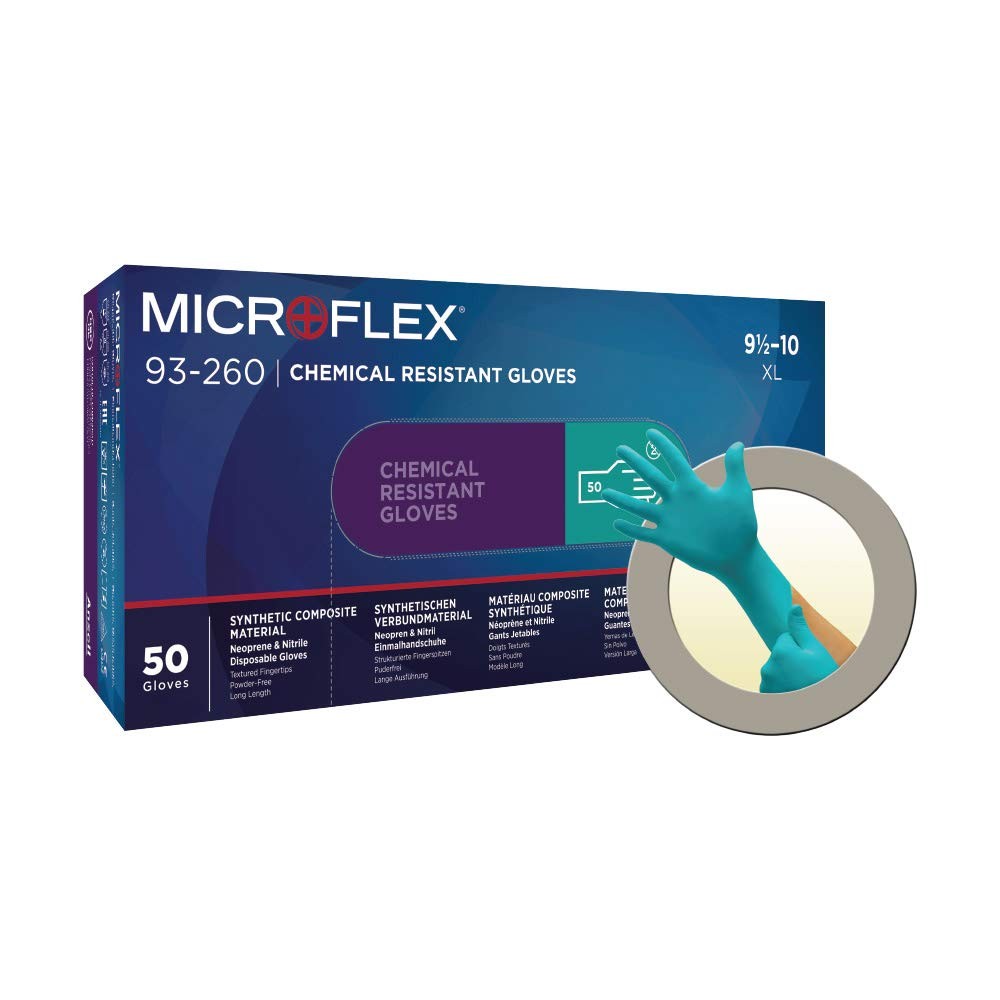 Microflex 93 260 X Large 50 Pack Chemical Resistant Disposable Gloves Teal
