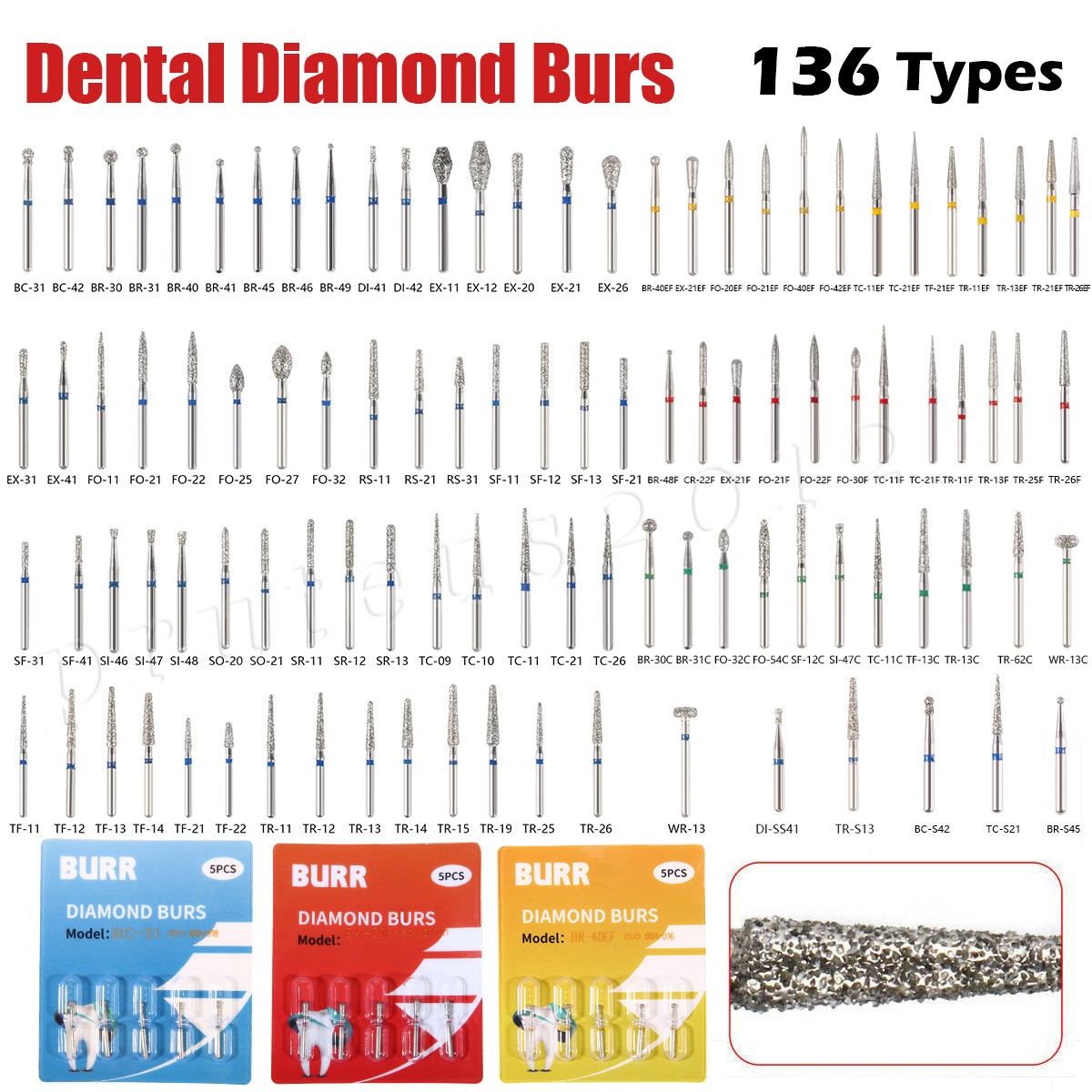 50pcs Diamond Burs FG Round End Taper Pear Football Fine Coarse Grit
