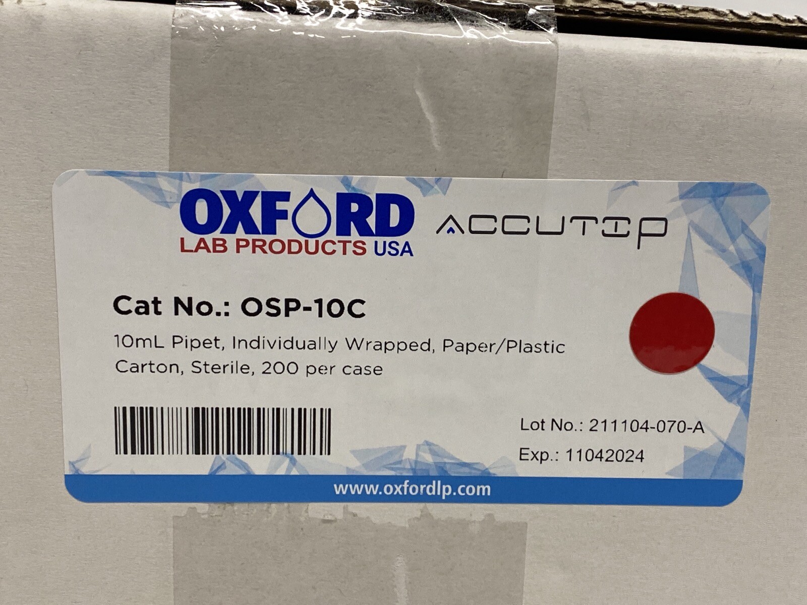 (200/Cs) OXFORD 10mL Graduated TD Serological Pipets Individual Wrap OSP-10C