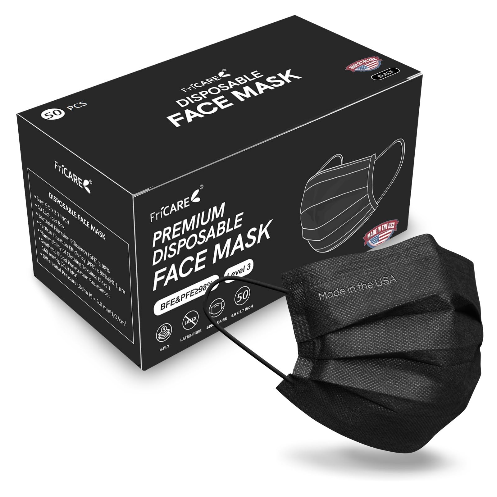 Disposable Face Masks 4-Ply ASTM Level 3 Medical Grade Black 50 Pack