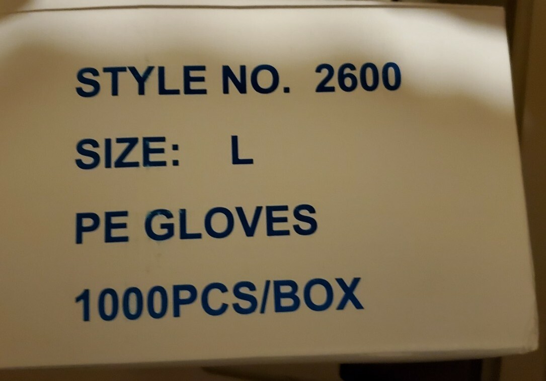 Disposable one time use food grade gloves, size Large 100/Pkg, 1000/Case