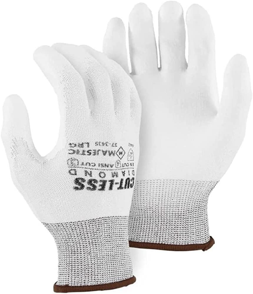Majestic 37-3435 White Cut-Less Diamond Seamless Knit Glove PU Palm XL 12 Pair