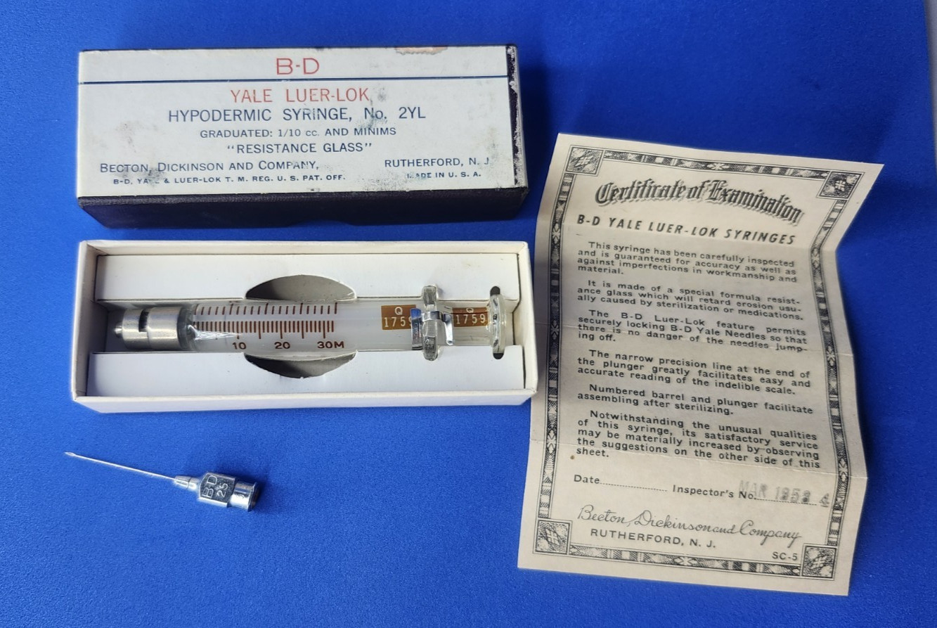 Vintage Becton Dickinson BD Yale Glass Hypodermic Syringe 5cc, Luer Lok Tip