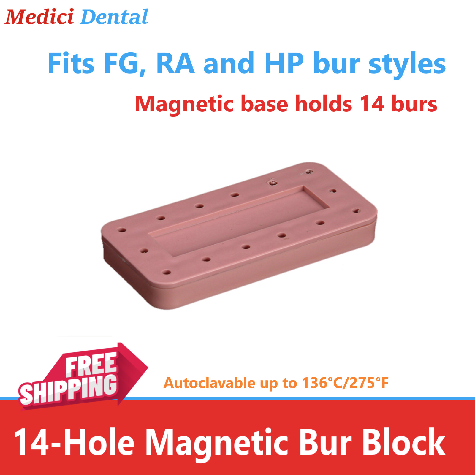 Dental Bur Block Magnetic RECTANGULAR Lab Holder Station Hold 14 Burs FG, HP, RA