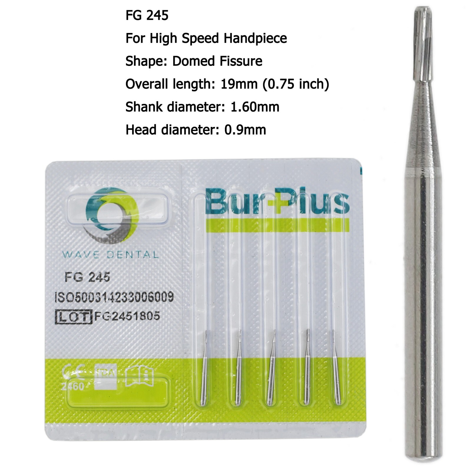 Wave Dental Carbide Burs FG 245 High Speed Friction Grip Domed Fissure Midwest