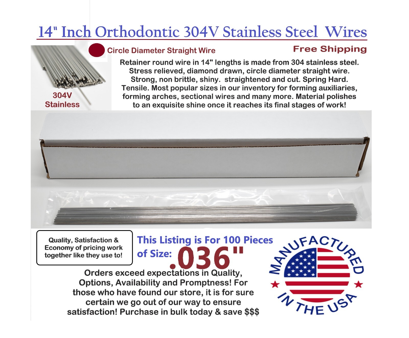 Orthodontic Stainless Steel Straight Lengths .036″ Wire SS 14” Lengths 100 Pack