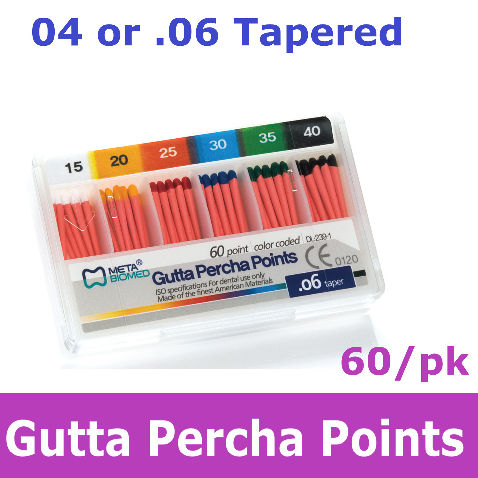 Dental Gutta Percha Points Stadnart or Taper .04 or .06, 60/pk, All Sizes