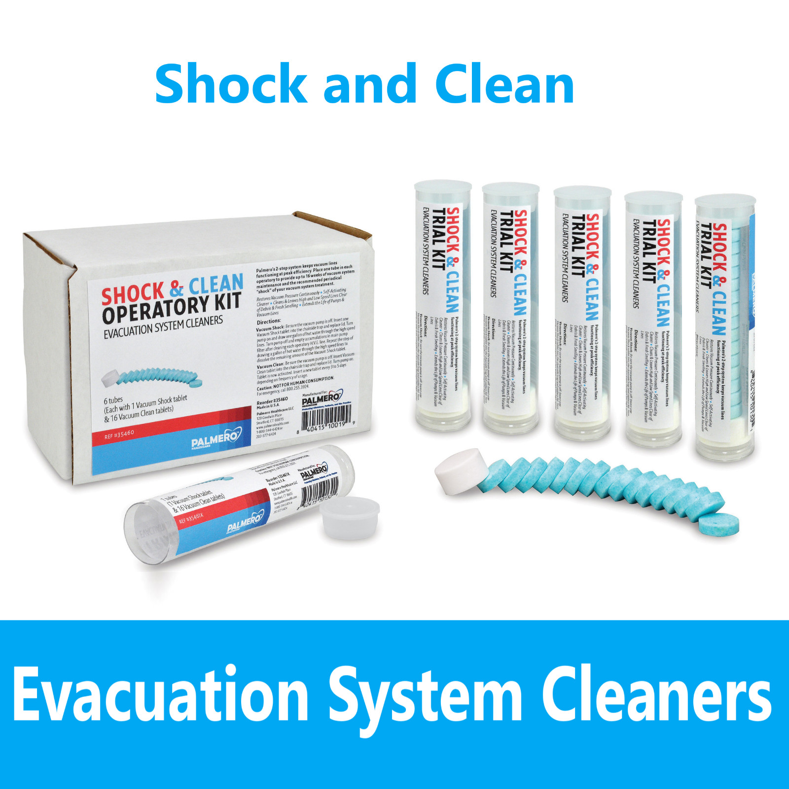 Dental PALMERO SHOCK and CLEAN OPERATORY KIT- 16 Vacuum Clean tab & 1 Shock Tab