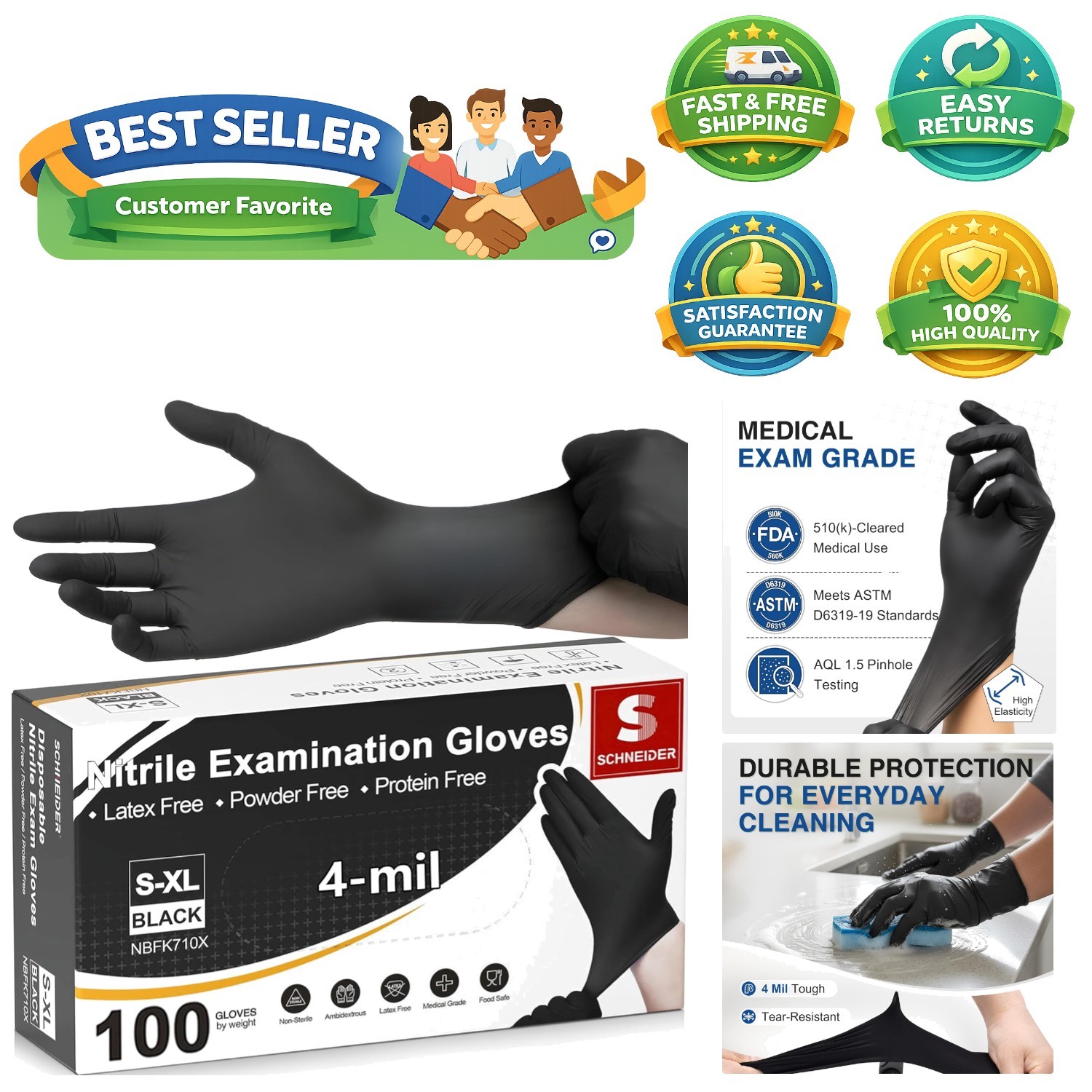 Hypoallergenic Black Nitrile Gloves – Durable, Waterproof & Versatile, 100 Count