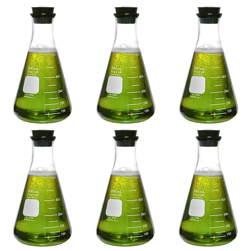 Corning Pyrex #4980-500, 500ml Narrow Mouth Erlenmeyer Flask with Rubber Stopper