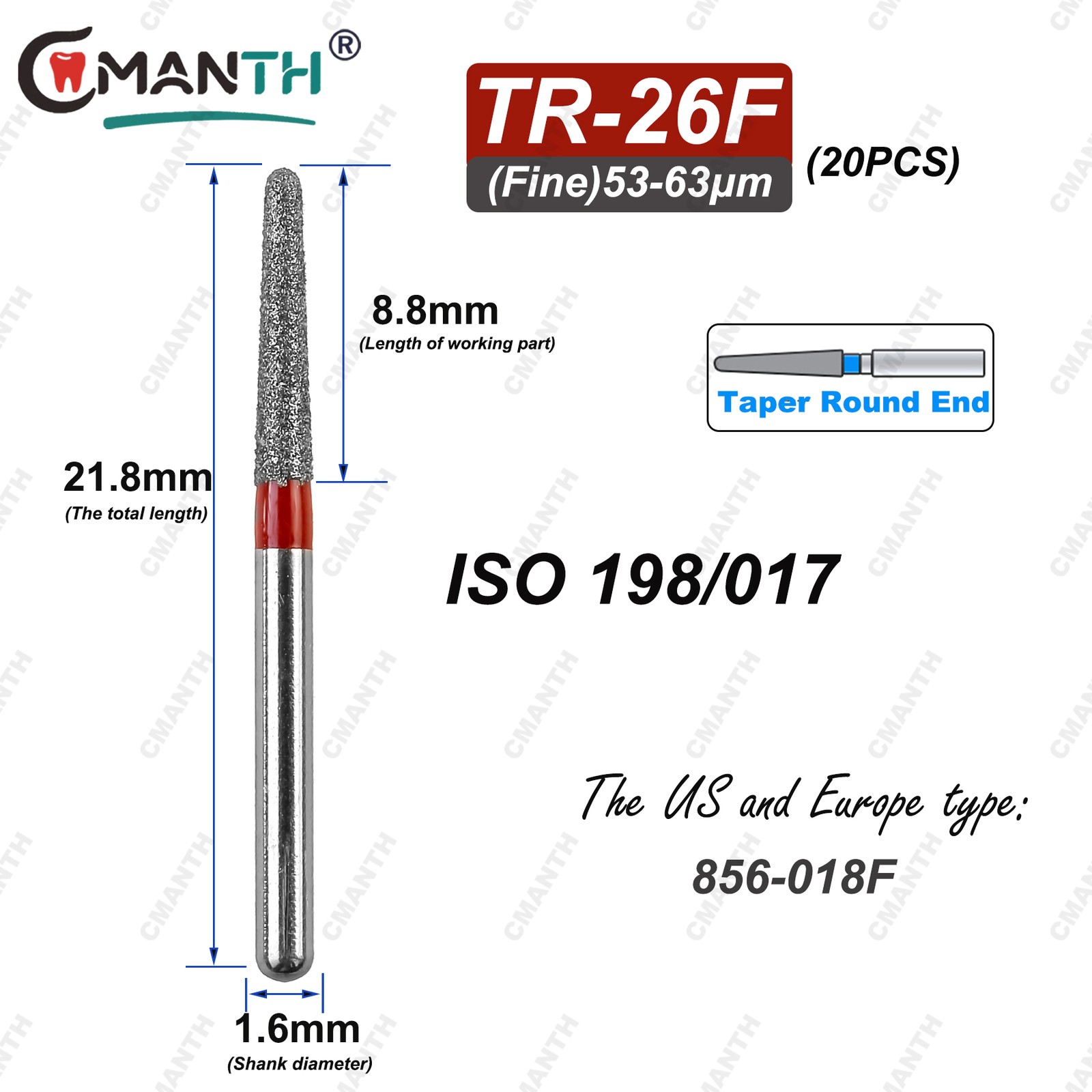 TR Type Dental Diamond Burs Fit High Speed Handpiece 1.6mm Drills 20pcs