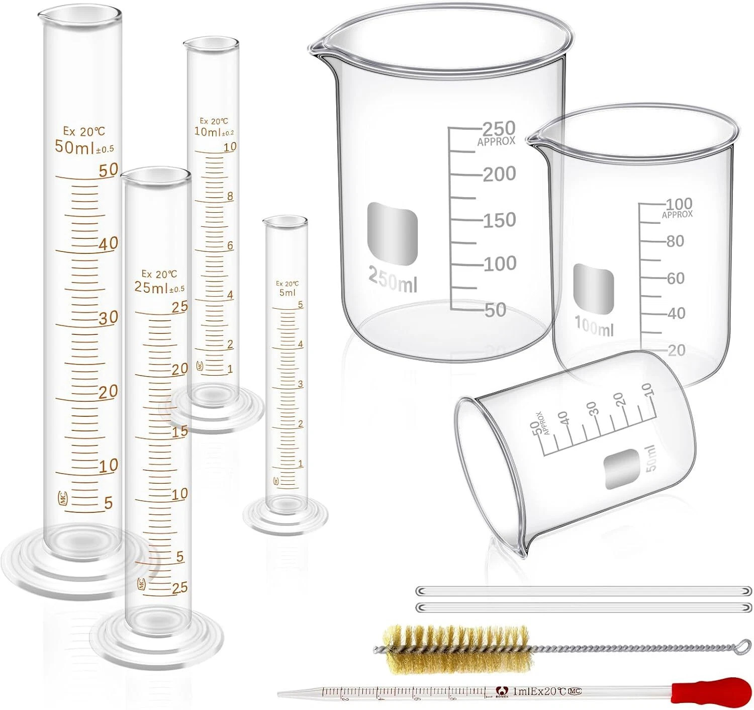 11x Glass Beaker Set Glass Graduated Measurin 50/100/250ml Cylinder 5/10/25/50ml