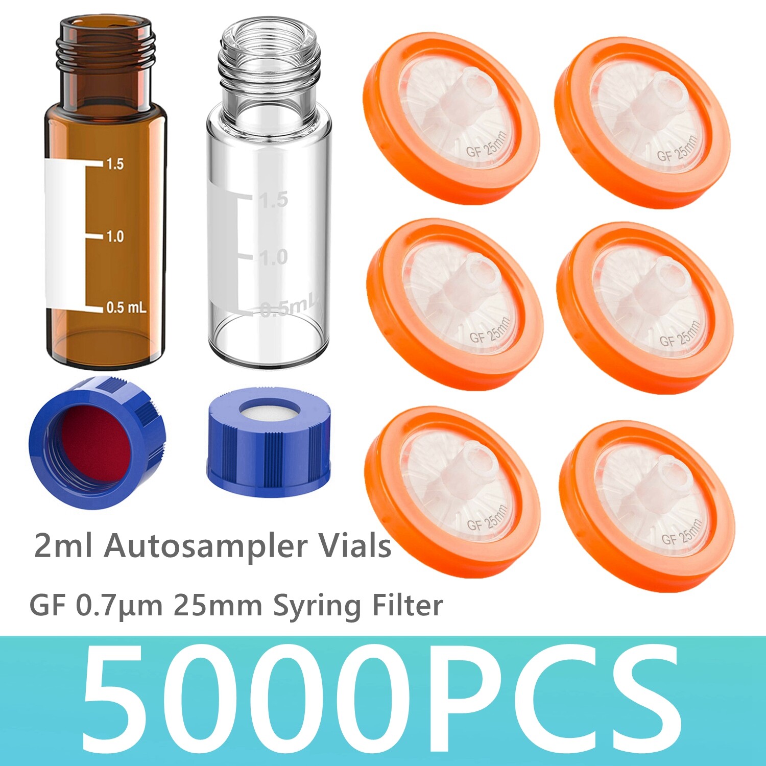 5000pcs HPLC 2mL Autosampler Vials Caps + 0.7μm 25mm GF Membrane Syringe Filters