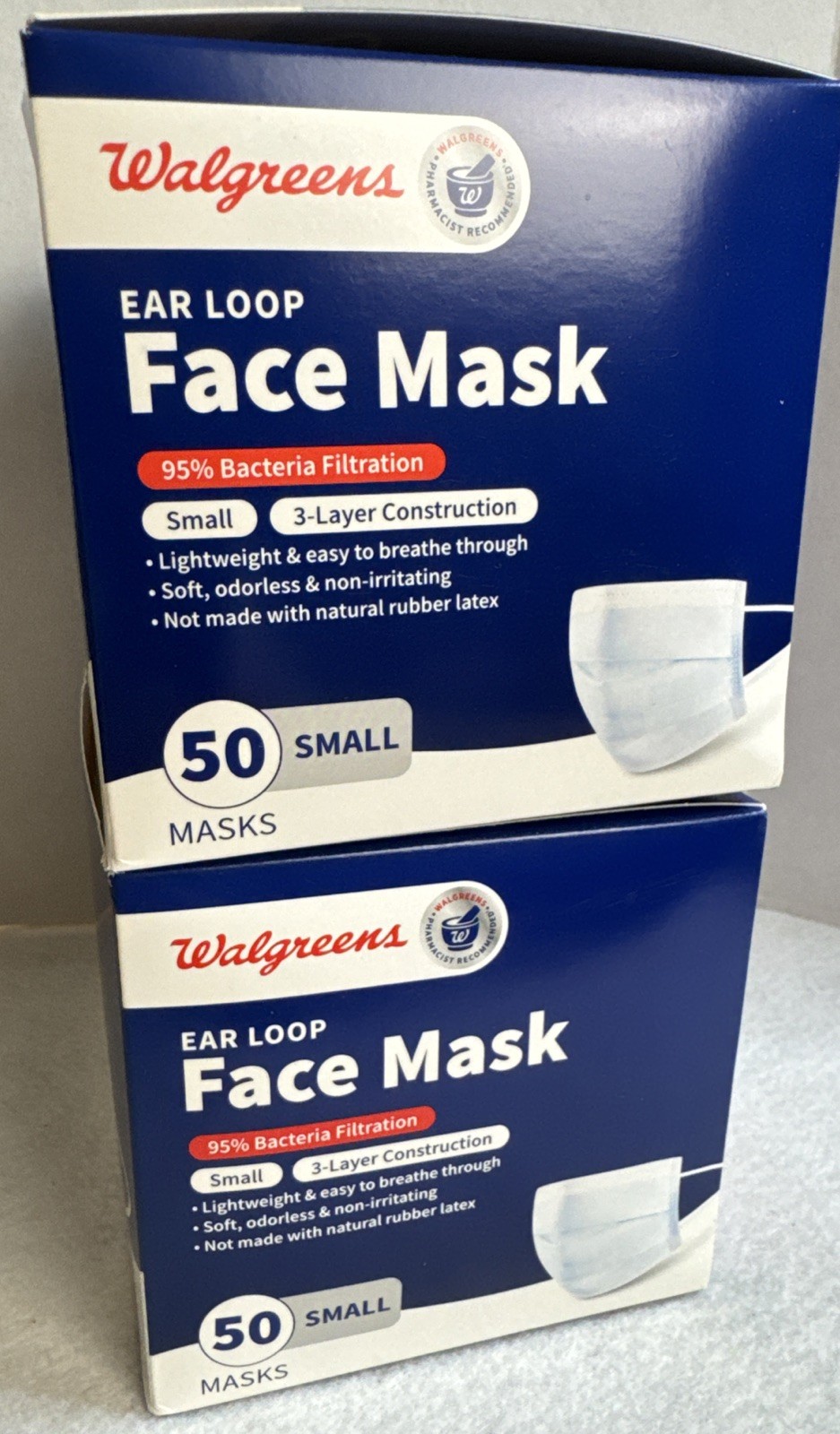 (2) Walgreens Ear Loop Face Mask Box 50 Count (100 Total) 3 Layer Adult Sz