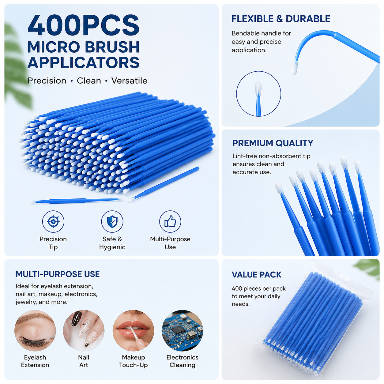 400PCS 2.5mm Blue Bendable Micro Brush Applicators Disposable Precision Cleaning