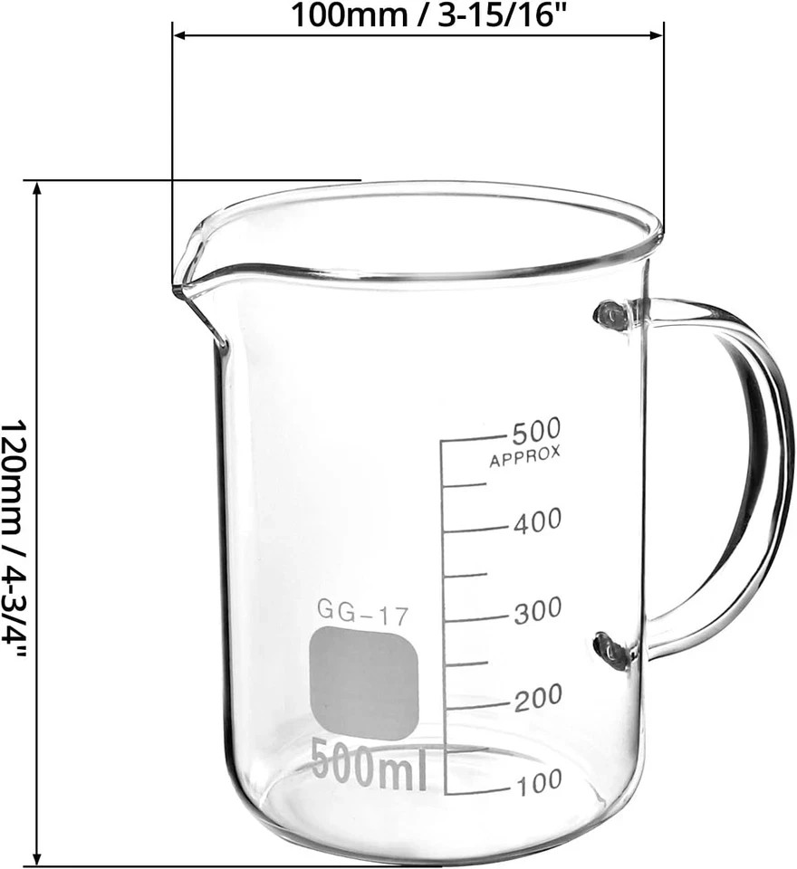2 Pack 500ml Glass Beaker Mug with Handle Measuring Cup Lab Borosilicate Use Set