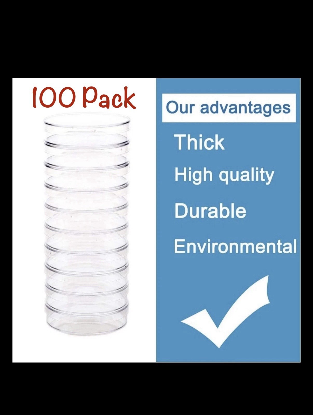 100Pack Sterile Plastic Petri Dishes Lids 60mm Dia X 15mm Deep Vents Culture Lab