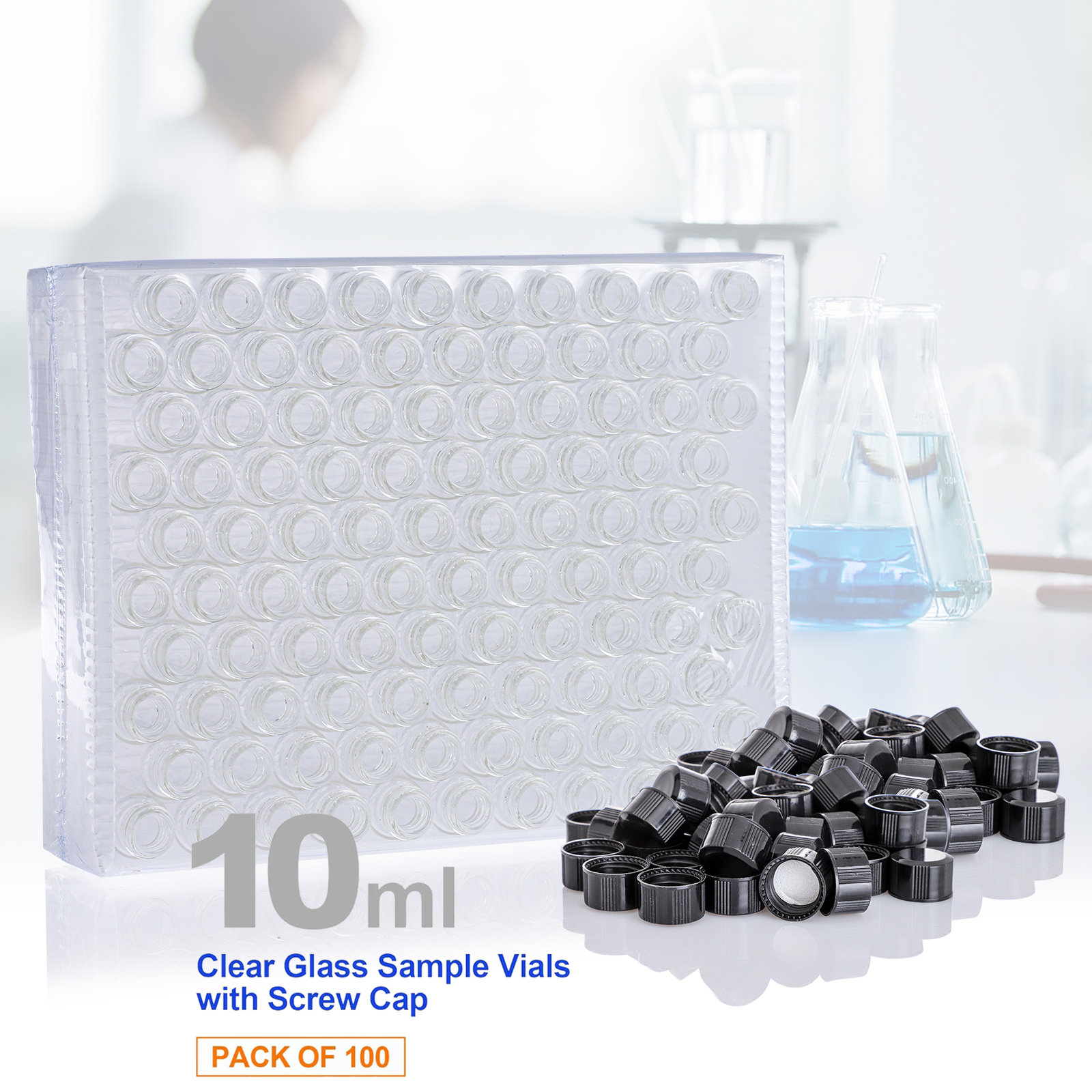 100x 10ml Clear Glass Vials w/Screw Caps and Plastic Stoppers 1 Dram Sample Vial